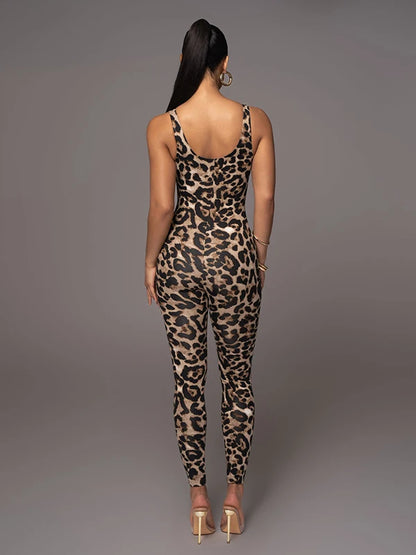Women's Sexy Leopard Print Skinny Nightclub Jumpsuit Spaghetti-Neck Yoga Clothes Fitness Coverall Female Club Outfits