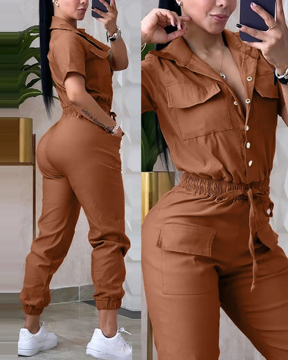 Sexy Elegant New Fashion 2024 Summer Casual Female Clothing Outfits Solid Color Short Sleeved High Waisted Workwear Jumpsuit A