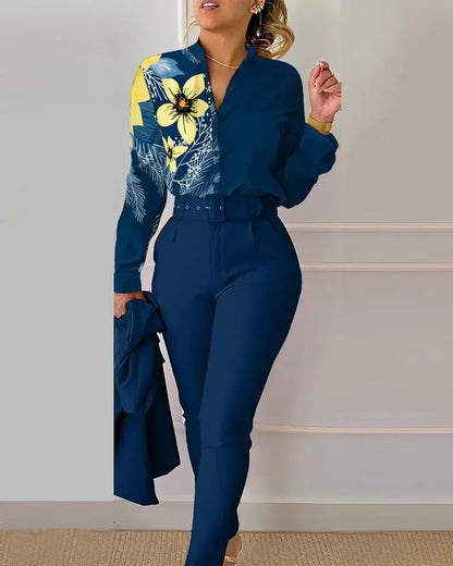 Women's Shirt 2 Pieces Suit Set 2024 Fall Print V Neck Long Sleeve Top Casual High Waist Pockets Work Female Clothes Pants Set