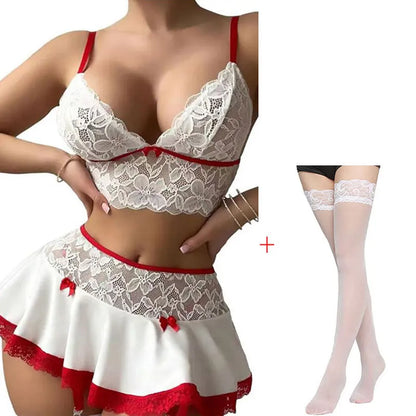 Lace Bra And Panty Set With Garter+Stockings Crotchless Lace Transparent Bra Exotic Sets Sexy Thong Cosplay Sexy Costumes white with socks