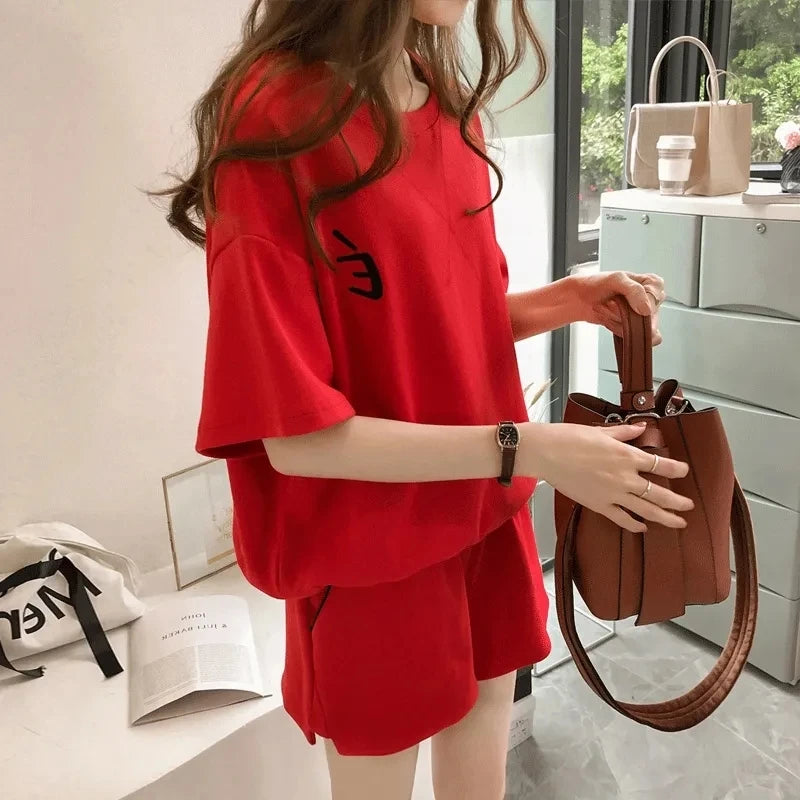 Red Two piece Cotton Women's Sportswear Set 2025 Summer New Round neck Short sleeved Top+Shorts Women Loose Casual Clothing