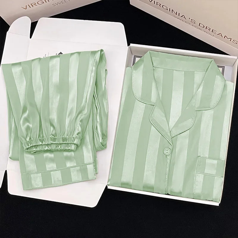 Korean Style Women's Two-piece Pajamas Sets Fashion Flower Print Faux Silk Satin Sleepwear Female Long Sleeve Pants Housewear 2