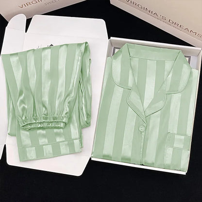 Korean Style Women's Two-piece Pajamas Sets Fashion Flower Print Faux Silk Satin Sleepwear Female Long Sleeve Pants Housewear 2