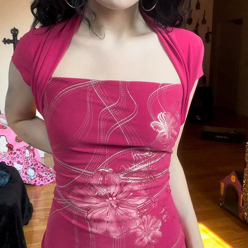 HEYounGIRL Y2K Floral Print Chic T-shirt Pink Vintage Short Sleeve Women Fitted Crop Top 2000s Outfits Fashion Summer Tee Shirts