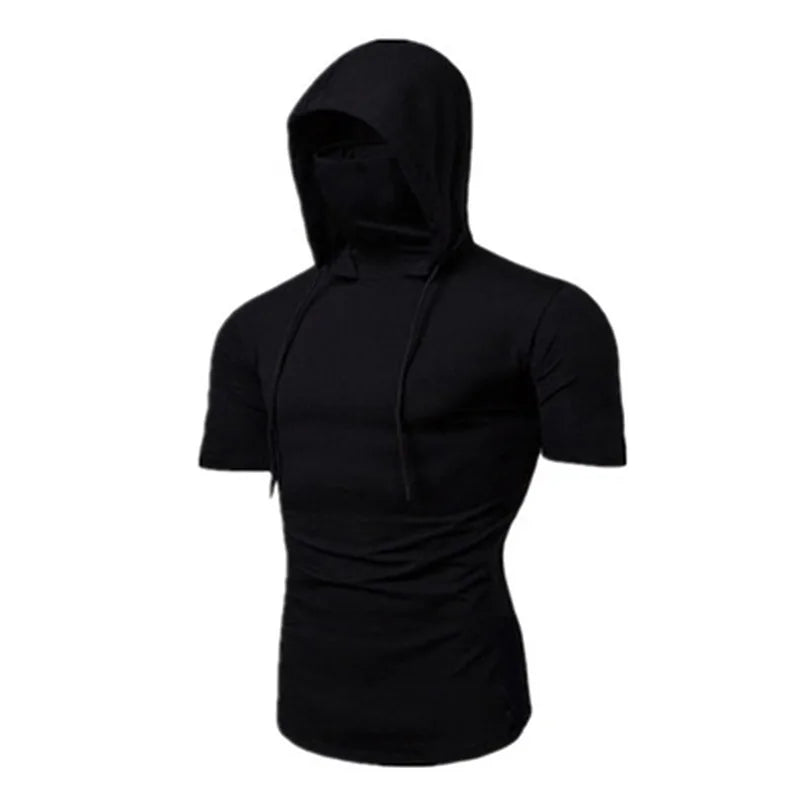 Mens Gym Thin Hoodie Short Sleeve Hoodies With Mask Sweatshirt Casual Splice Large Mask Hoodie Sweatshirt Hooded Tops Cycling Badiee Stylez