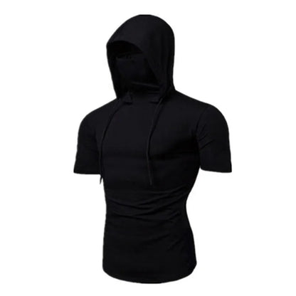 Mens Gym Thin Hoodie Short Sleeve Hoodies With Mask Sweatshirt Casual Splice Large Mask Hoodie Sweatshirt Hooded Tops Cycling Badiee Stylez