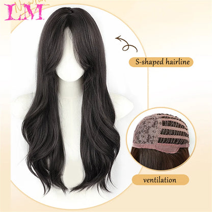 LM Long Silky Straight Synthetic Wigs with Bangs Black Cosplay Party Lolita Hair Wigs for Women Natural Heat Resistant Wig