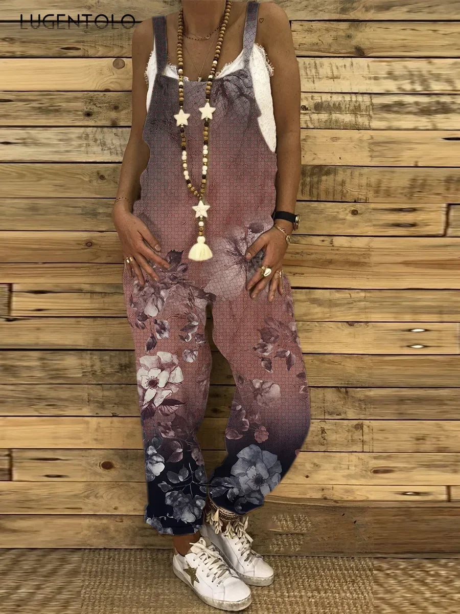 Women Overalls Summer Jumpsuits Thin Vintage Sweet Print Suspenders Loose Female Casual Large Size New Straight-leg Pants