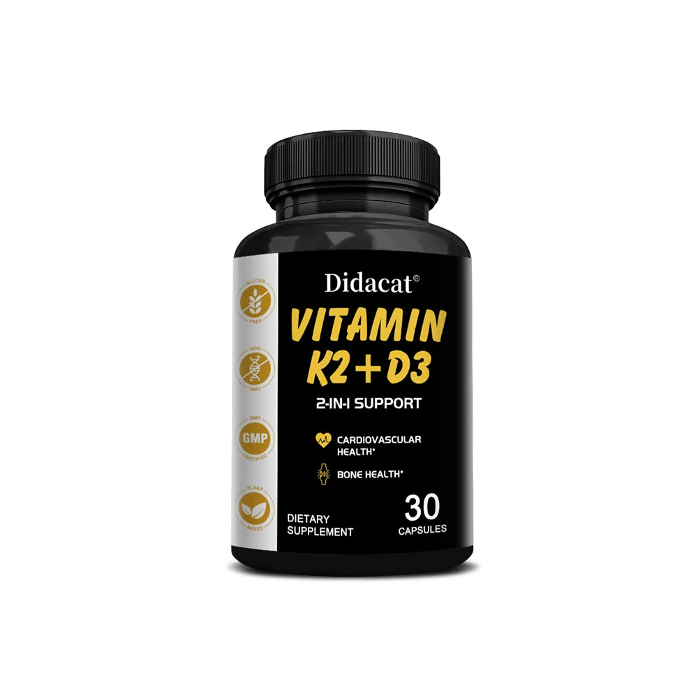 Didacat Vitamin D3+K2 Capsules, Support Calcium Absorption Bone Teeth Heart Brain Health Joints Immune Function 30 count-1 bottle