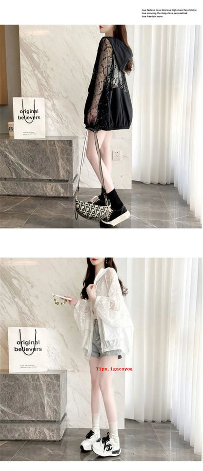 Fashion Lace Hollow Sun-Protective Clothes Women Hooded Coat New Summer Long Sleeve Cardigan Jacket Female Loose Outerwear G2498