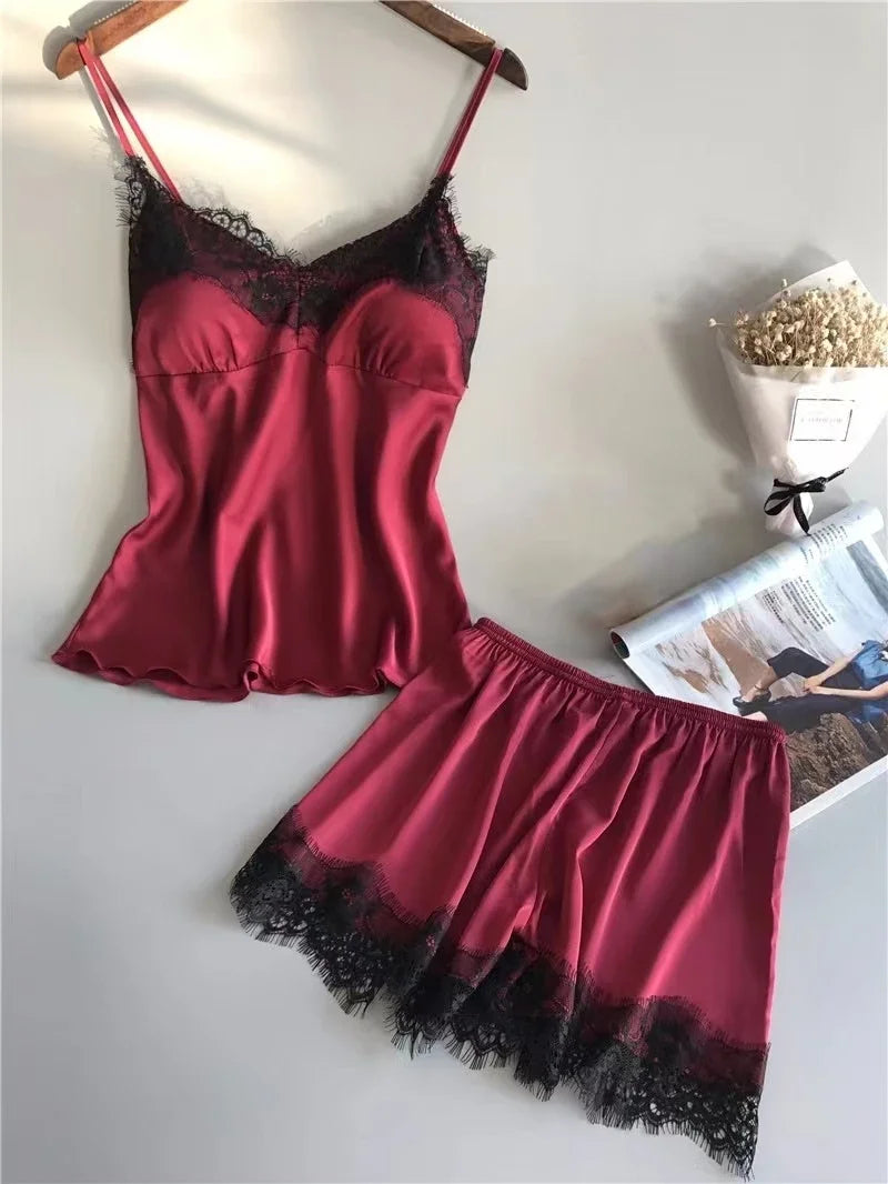 Women's Halter Pajamas 2 PCS Camisole and Shorts Home Wear Red Black Sexy Lace S M Ventilate Comfort
