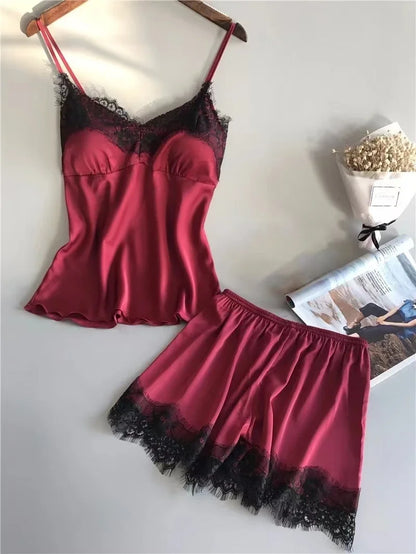 Women's Halter Pajamas 2 PCS Camisole and Shorts Home Wear Red Black Sexy Lace S M Ventilate Comfort