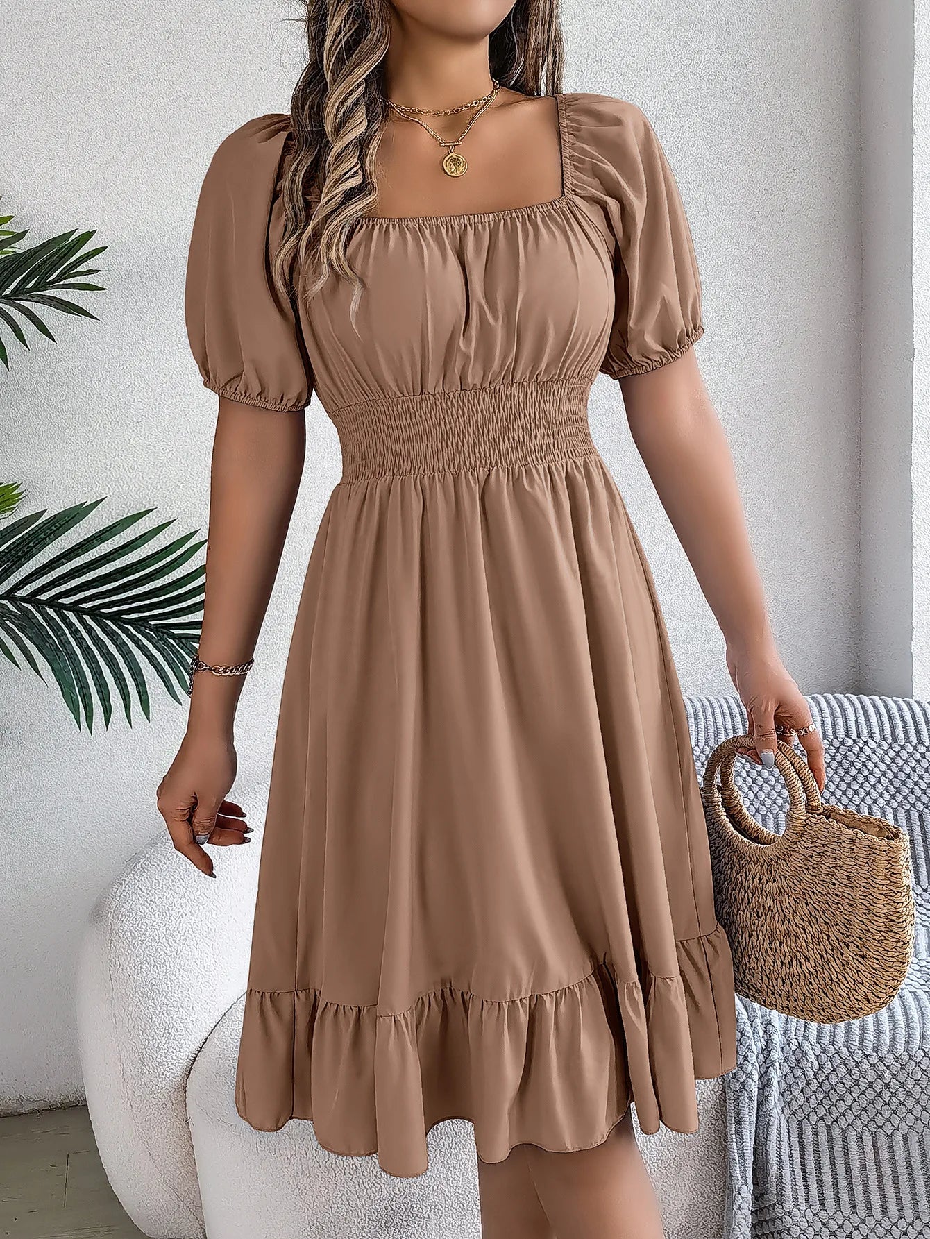 Women's MIidi Dresses 2024 Summer Casual Square Neck Short Sleeved Waist Ruffle Edge Dress Dress Women Elegant Платья Женские Badiee Stylez