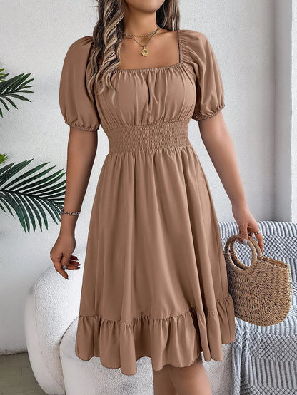 Women's MIidi Dresses 2024 Summer Casual Square Neck Short Sleeved Waist Ruffle Edge Dress Dress Women Elegant Платья Женские Badiee Stylez
