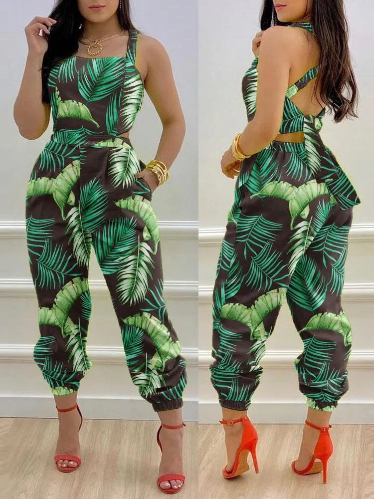 New Summer Fashion Printed Sleeveless Jumpsuit Sexy Hollow Backless Lace Up Long Jumpsuits Elegant Casual Jumpsuit With Pocket Badiee Stylez