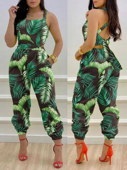 New Summer Fashion Printed Sleeveless Jumpsuit Sexy Hollow Backless Lace Up Long Jumpsuits Elegant Casual Jumpsuit With Pocket Badiee Stylez