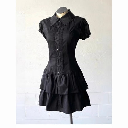 Vintage Black Y2k Dresses Lace Shirt Dress for Women Slim Waist All-match Dresses Short Sleeve Vestidos De Mujer Summer Dress black
