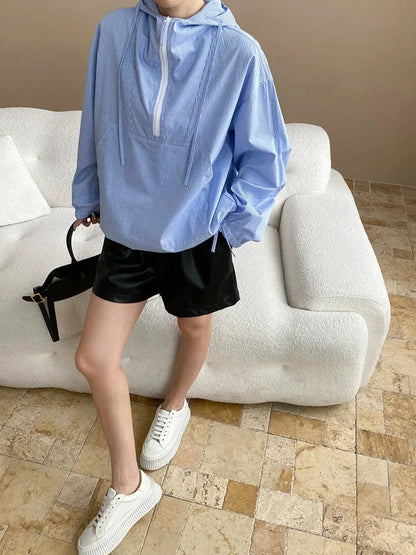 Plaid Shirt Women Fall Japanese Blue Striped Hooded Overshirt Y2K Casual Long Sleeve Pullover Blouse Loose Fit Streetwear Coat