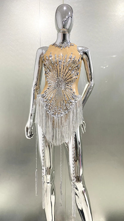 Sliver Sequins Shining Diamonds Long Tassel Sleeveless Mini Dress High Quality Evening Dress Woman Birthday Party Outfit