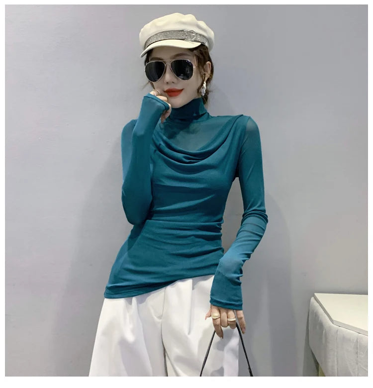 Sexy Mesh Basic T-shirts Women 2025 Fashion Turtleneck Casual Long Sleeve Y2k Tops Korean Clothes Woman Black Winter T Shirt 4XL