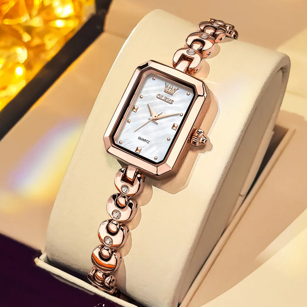 OLEVS 3665 Woman Watches Original Elegant Fashion Square Quartz Watch Chain Bracelet Ladies Watch Bracelet Gifts New Reloj Mujer Rose White CHINA Yes
