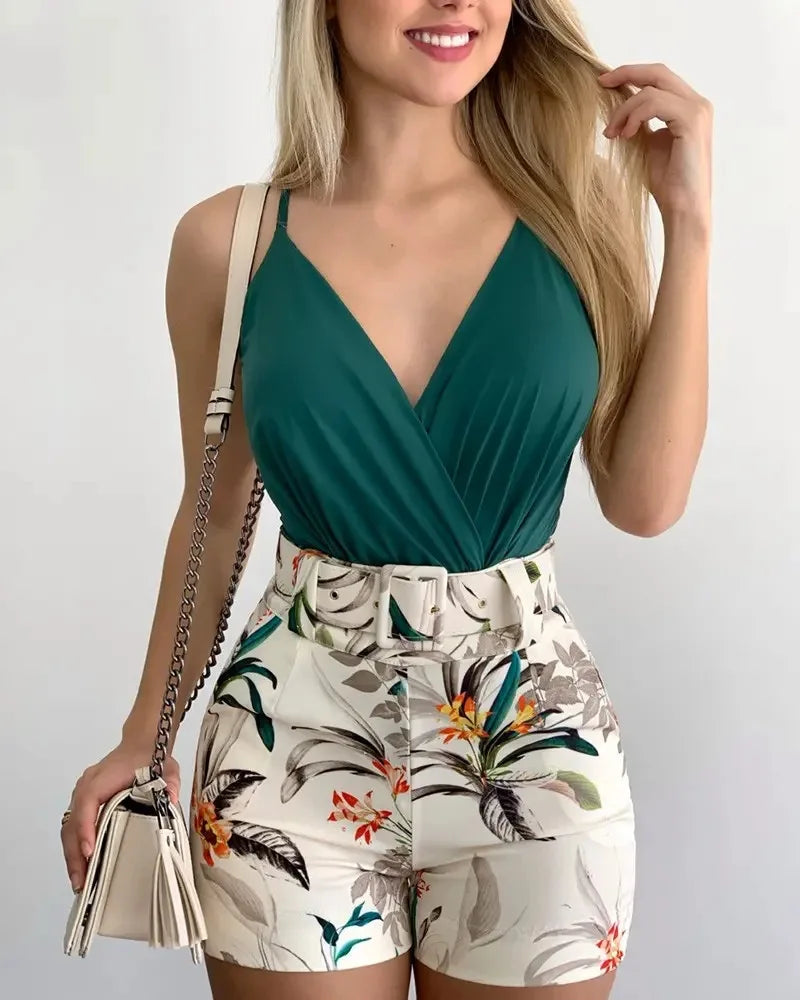 Women's Two-piece Beach Fashion Summer Suit Sexy Slim Short Top Shorts Printing Casual Suspenders Package Hips 2 Piece Set 2