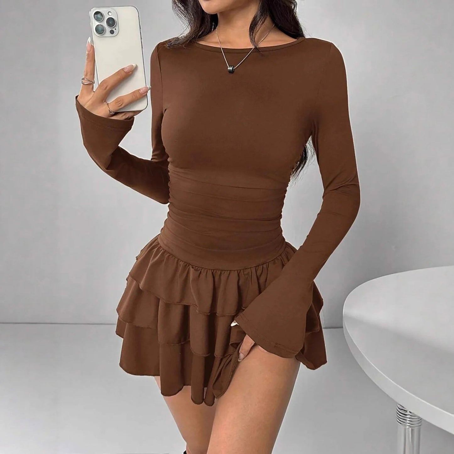 2025 Autumn Solid Slim Fit Cascading Ruffles Mini Dress Winter Women Elegant Flare Sleeve High Waist Sexy Party Bodycon Dresses Badiee Stylez