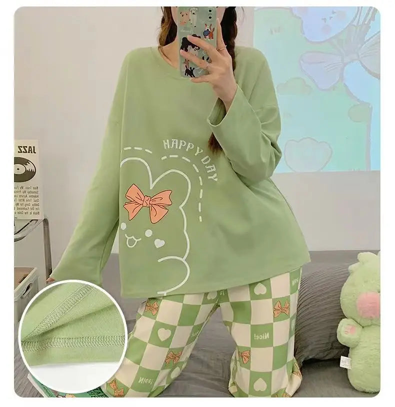 Spring and Autumn New Women's Thin Section Pajamas Homewear Suit Girls Summer Long-Sleeved Homewear Plus Size Cartoon Loose Suit