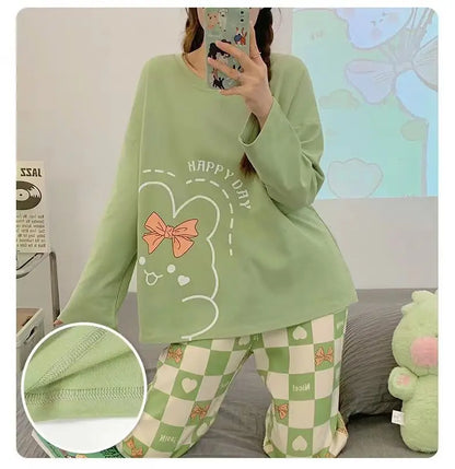 Spring and Autumn New Women's Thin Section Pajamas Homewear Suit Girls Summer Long-Sleeved Homewear Plus Size Cartoon Loose Suit