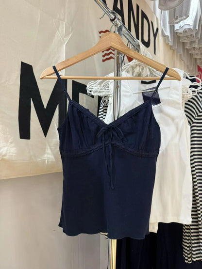 Floral Print Bow V Neck Camis Women Chic Lace Trim Sleeveless Slim Crop Tops Vest Sweet Casual Fashion Raw Hem Tank Top Y2k New New Navy One Size