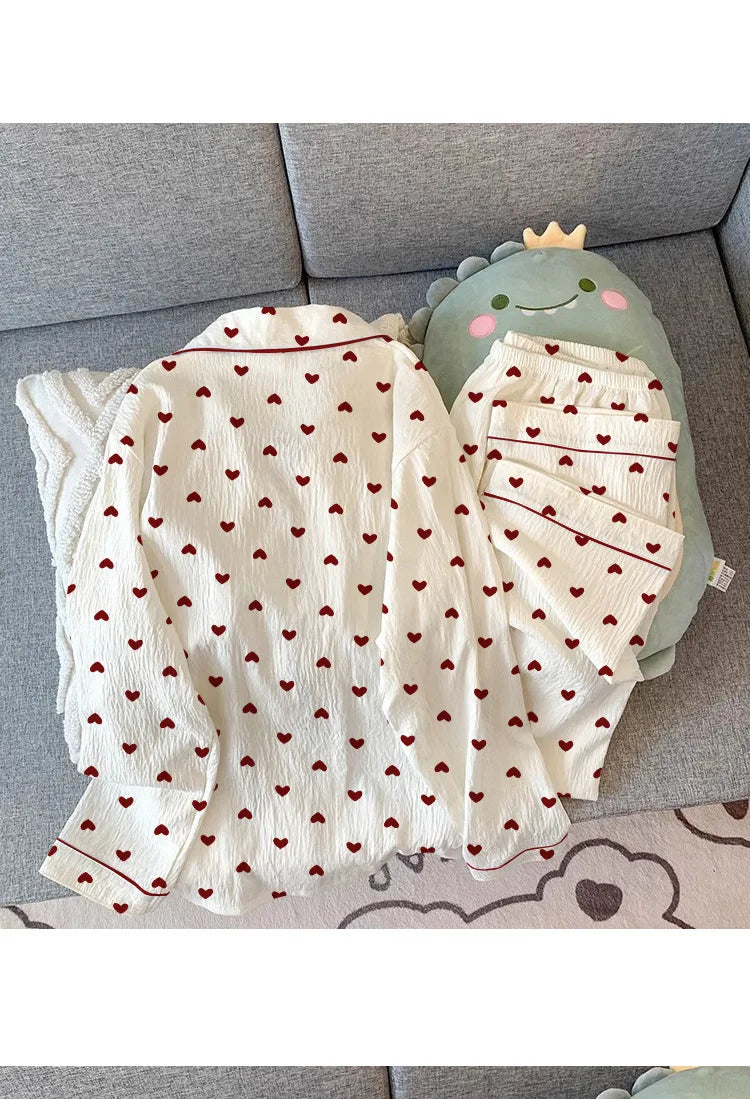 Spring and Autumn New Women's Pajamas Homewear Set Girls Gentle Wind Love Cardigan Pajamas Wrinkled Cloth Homewear Long-Sleeved