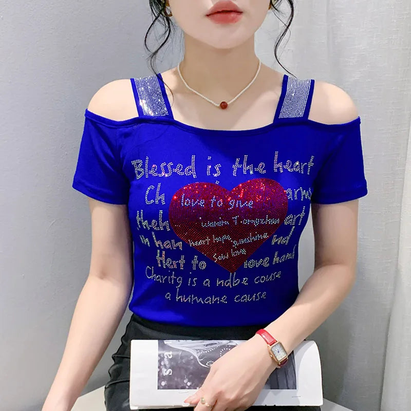 Aoxison Summer Short Sleeved Women's T-Shirt Elegant Slim Shiny Love Heart Diamonds Mesh Tops Chic Girl Sexy Off Shoulder Tees Blue1