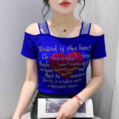 Aoxison Summer Short Sleeved Women's T-Shirt Elegant Slim Shiny Love Heart Diamonds Mesh Tops Chic Girl Sexy Off Shoulder Tees Blue1