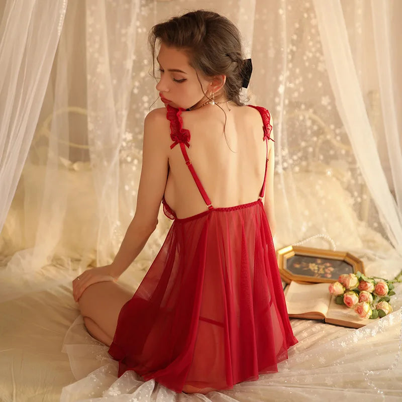 Sexy Lace Lingerie Women's Summer Thin Transparent Tops Gauze Attractive Home Clothes Temptation Women Pajamas Set Nightgown red 2