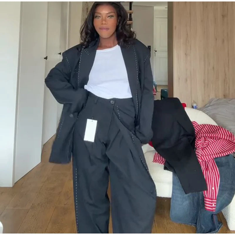 Casual Women's Blazer Pant Suits Loose Lapel Doube-Breasted Top Straight Pants Lady Set 2025 Autumn New 2 Pieces Sets Women Badiee Stylez