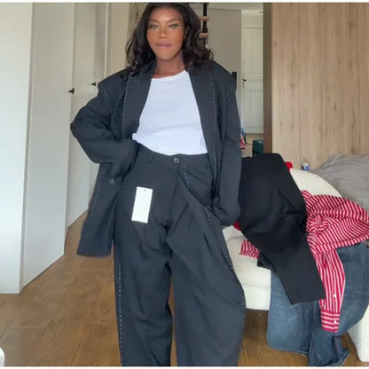 Casual Women's Blazer Pant Suits Loose Lapel Doube-Breasted Top Straight Pants Lady Set 2025 Autumn New 2 Pieces Sets Women Badiee Stylez