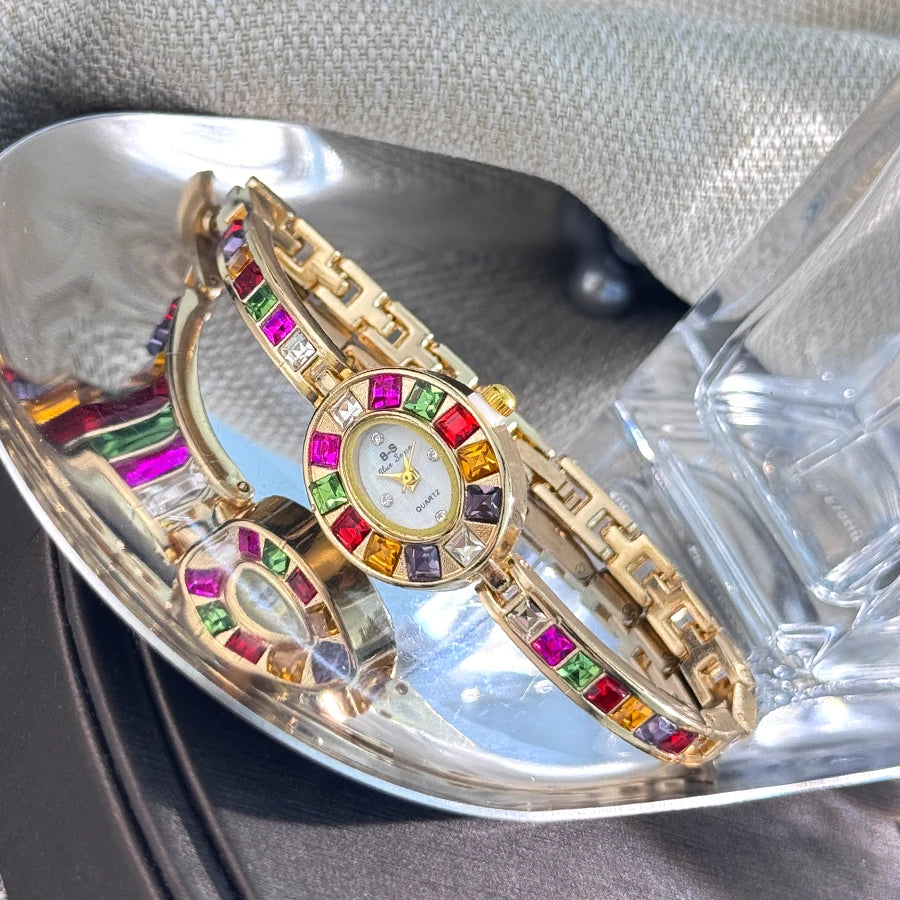 Color zircon advanced sense diamond set women's watch niche bracelet bracelet Small exquisite quartz watch cross-border hot sale