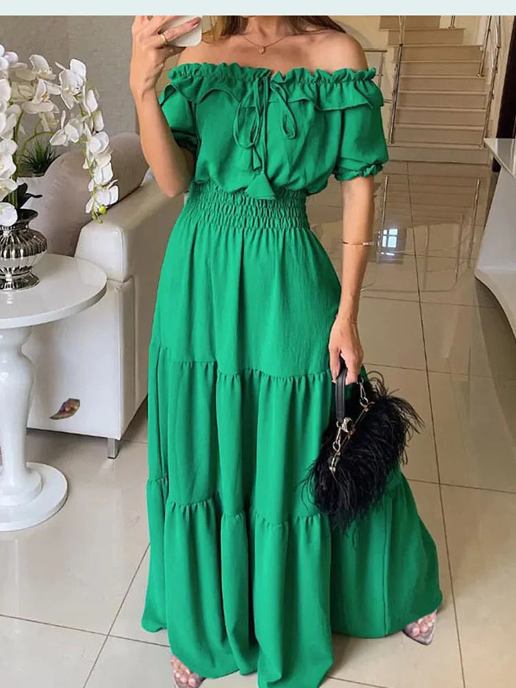 2025 Summer Solid Boho Dress Women Fashion Elegant Beach Party Dress Casual Slash Neck Office Maxi Dresses For Woman Robe Femme 3