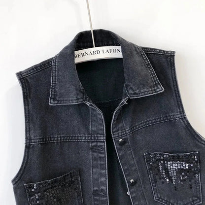 2024 Fashion Design Sequins Denim Vest Summer Autumn Women's Waistcoat Korean Leeveless Denim Jeans Jacket Female Vest Tops