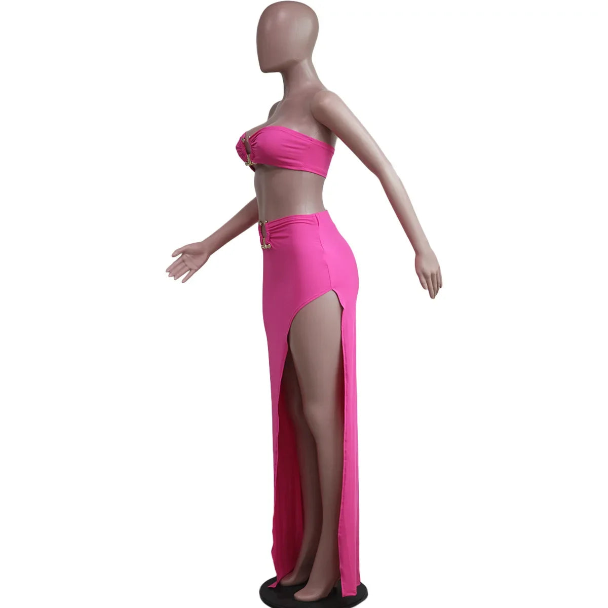 New Chic Gold Ring Bandeau Slit Skirt Two-Piece Set Womens Beautiful Off Shoulder Matching Skirt Set Nightclub Outfits Badiee Stylez