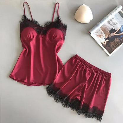 Women Pajama Suit Fashion V-Neck Lace Sexy Lingerie Pyjamas Sleep Shorts Set Sleepwear New ZY04