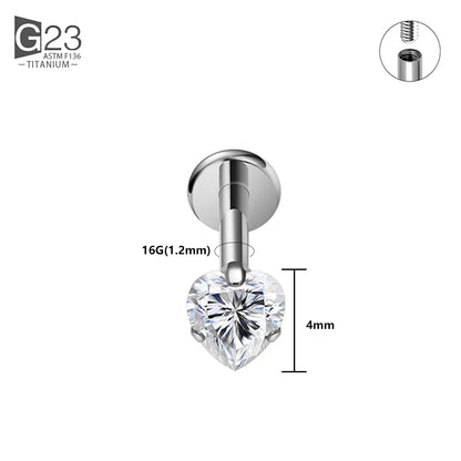 1/10PCS ASTM F136 Titanium 16G Heart CZ Threaded Labret 3mm/4mm CZ Cartilage Tragus Helix Nose Stud Piercing Jewelry 1Pc Tit 4mm CZ