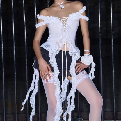 Hollow Out Lace Crop Top Women Sexy Off Shoulder Bodycon Bandage Slim Tank Tops Ladies 2024 Folds Lace-up T-shirts Femme