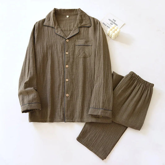 2025 New Spring Couple's Pajama Set 100% Cotton Long Sleeve Long Pants Two Piece Set for Men and Women's Home Furnishings 02 (Men)