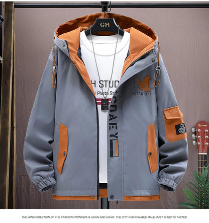 Men's Casual Hooded Jackets Autumn Patchwork Thin Coats Outwear Top Windbreaker Streetwear Male Outerwear Coat