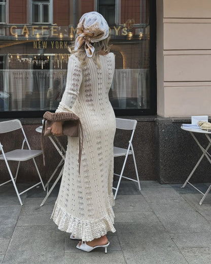 DSMTRC 2025 Holiday Knitted See-throught Cardigan Dress V Neck Long Flare Sleeves Leisure Long Trendy Single Breasted Autumn