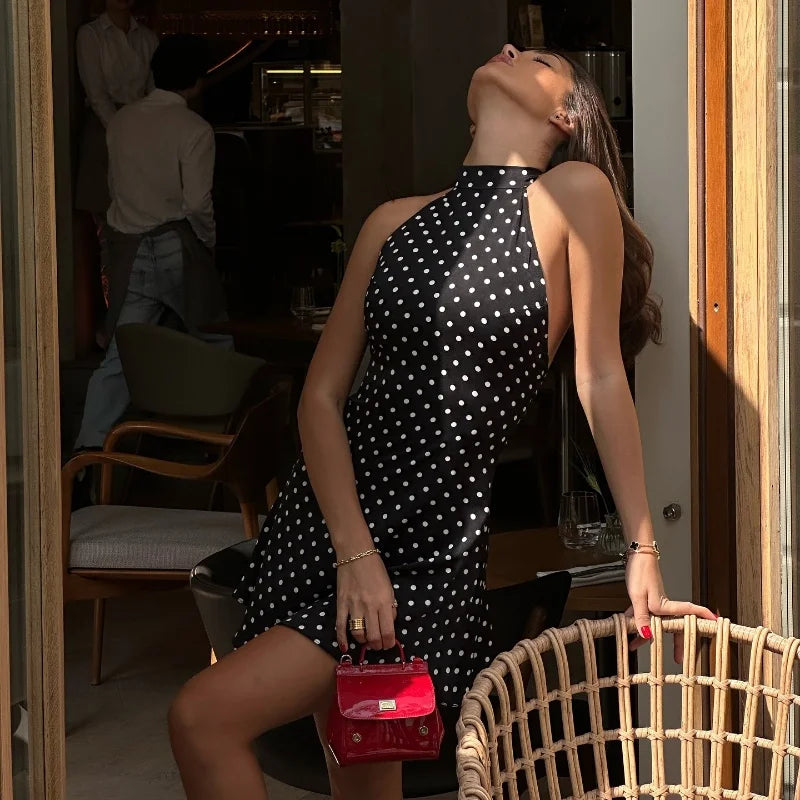 Candyhot Polka Dot Elegant Off Shoulder Sleeveless Backless High Waist Halter Mini Dress Y2K Summer Fashion Club Party Vestidos