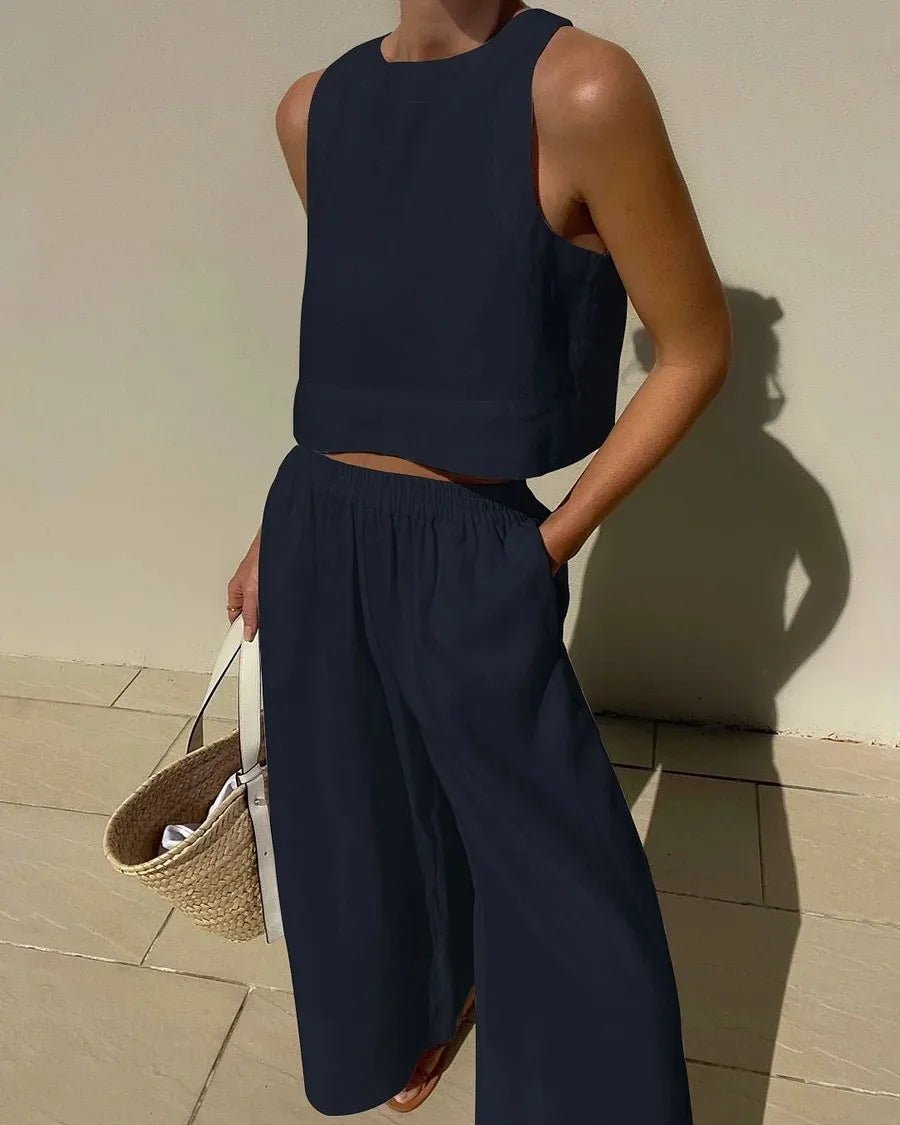 Women's Solid Color Casual Sleeveless Shirt And Pants Two Piece Summer Loose Simple Wide Leg Pants Vest Female 2025