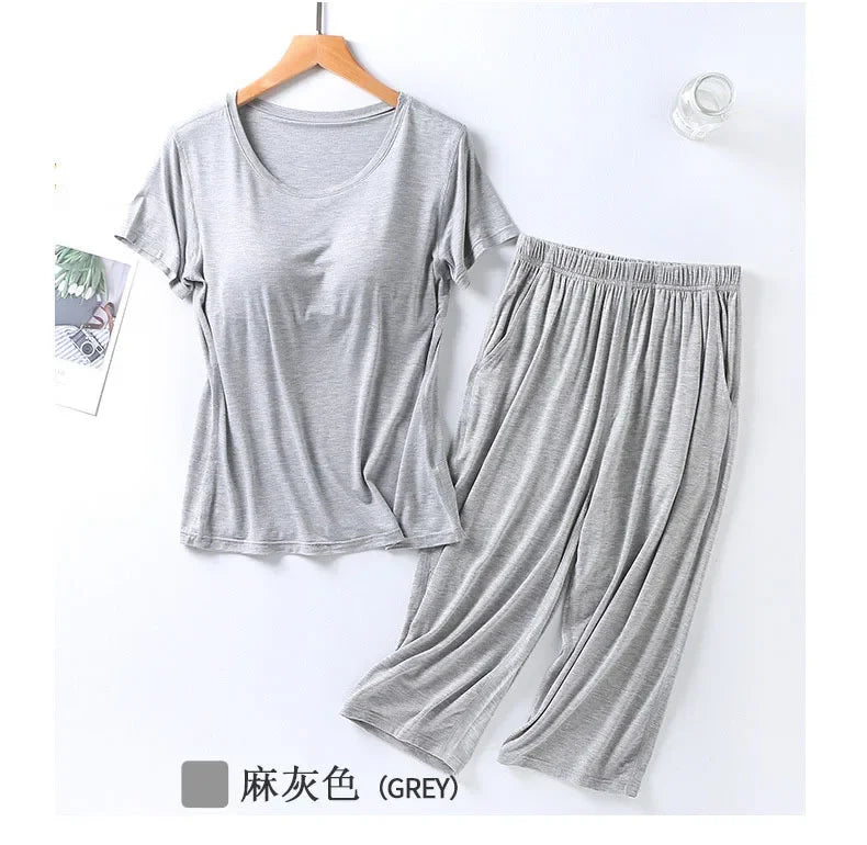 2025 summer new ladies modal pajamas two-piece suit with chest pad short-sleeved cropped trousers plus size home service set 10