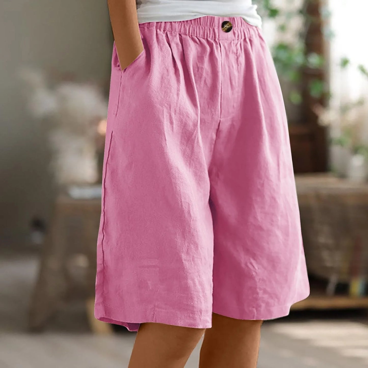 Female Fashion Solid Color Elastic High Waist Pocket Button Up Loose Cotton Linen Five Length Shorts Summer Soft Comfort Pants Pink